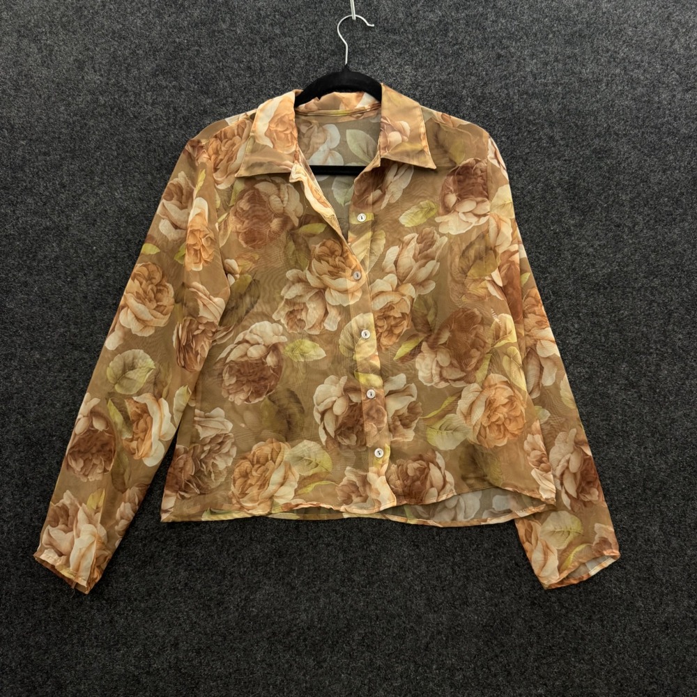 Vintage 80s Silky Sheer Floral Blouse Brown Tan Rose Mesh Button Down Medium